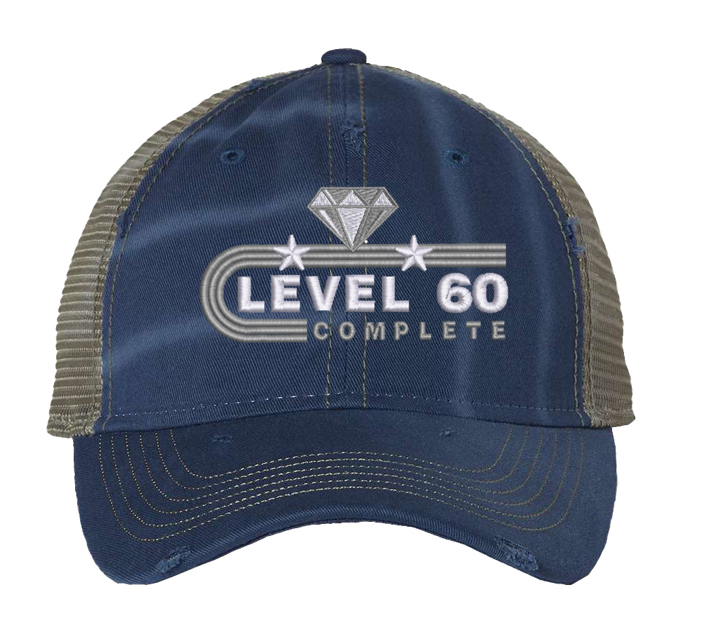 60th Anniversary Trucker Hat - Level 60 Completed Embroidered Mesh Snapback 1 "60th anniversary trucker hat with unstructured front, mesh back, and embroidered Level 60 Completed design featuring diamond and stars with snapback closure"