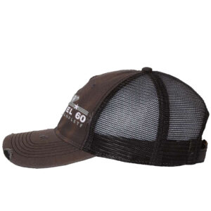 "60th anniversary trucker hat with unstructured front, mesh back, and embroidered Level 60 Completed design featuring diamond and stars with snapback closure"