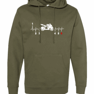 Motorcycle heartbeat hoodie in mid-weight fabric with front-printed street bike and heartbeat design, featuring kangaroo pocket and drawstring hood