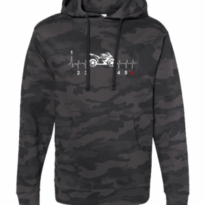 Motorcycle heartbeat hoodie in mid-weight fabric with front-printed street bike and heartbeat design, featuring kangaroo pocket and drawstring hood