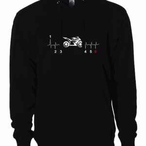 Motorcycle heartbeat hoodie in mid-weight fabric with front-printed street bike and heartbeat design, featuring kangaroo pocket and drawstring hood
