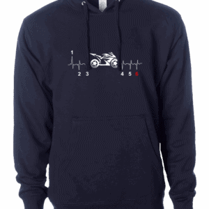 Motorcycle heartbeat hoodie in mid-weight fabric with front-printed street bike and heartbeat design, featuring kangaroo pocket and drawstring hood