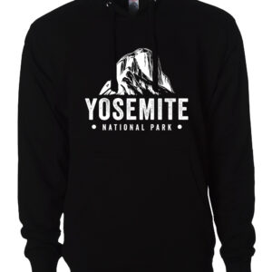 "Yosemite National Park hoodie in mid-weight fabric with front-printed mountain graphic design, kangaroo pocket and drawstring hood for outdoor enthusiasts"