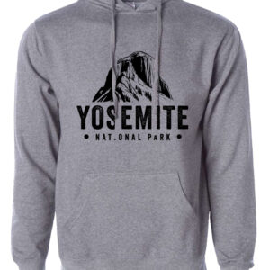 "Yosemite National Park hoodie in mid-weight fabric with front-printed mountain graphic design, kangaroo pocket and drawstring hood for outdoor enthusiasts"