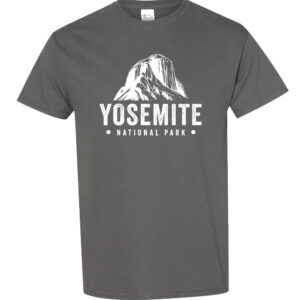 Yosemite National Park t-shirt in 100% heavy cotton with front-printed mountain graphic design and Yosemite text for outdoor enthusiasts