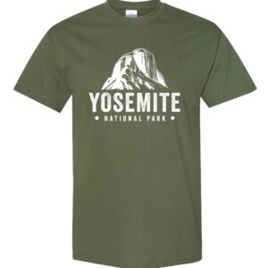 Yosemite National Park t-shirt in 100% heavy cotton with front-printed mountain graphic design and Yosemite text for outdoor enthusiasts
