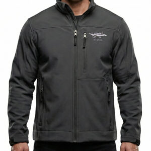 Men's black softshell jacket with zip pockets and logo detail.