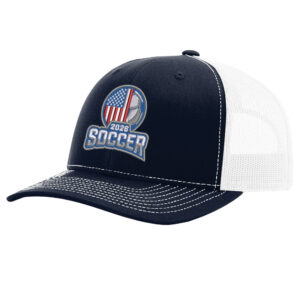USA Soccer 2026 trucker hat with embroidered soccer design and black mesh back