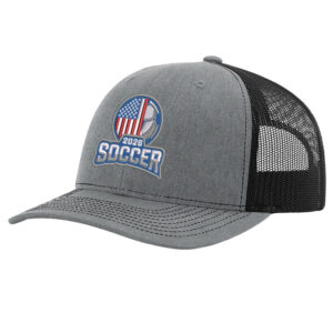 USA Soccer 2026 trucker hat with embroidered soccer design and black mesh back