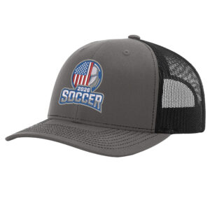 USA Soccer 2026 trucker hat with embroidered soccer design and black mesh back
