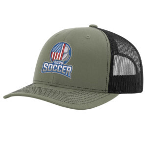 USA Soccer 2026 trucker hat with embroidered soccer design and black mesh back