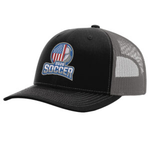 USA Soccer 2026 trucker hat with embroidered soccer design and black mesh back