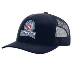 USA Soccer 2026 trucker hat with embroidered soccer design and black mesh back