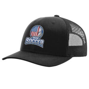 USA Soccer 2026 trucker hat with embroidered soccer design and black mesh back